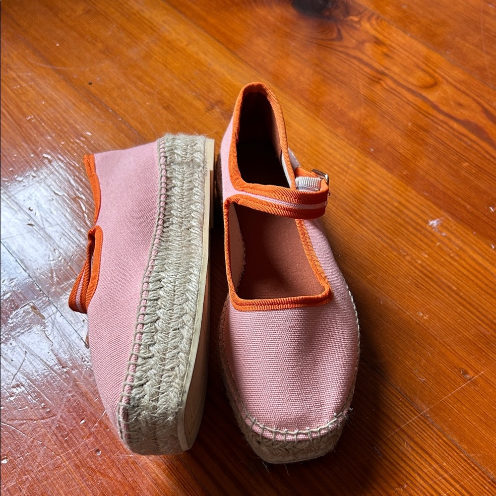 Maeve Pink Canvas Mary Jane Espadrilles with Orange Trim
